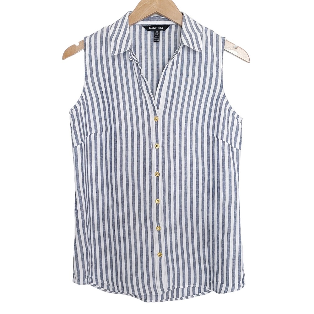 Ellen Tracy 100% LINEN Striped Sleeveless Button Front Blouse